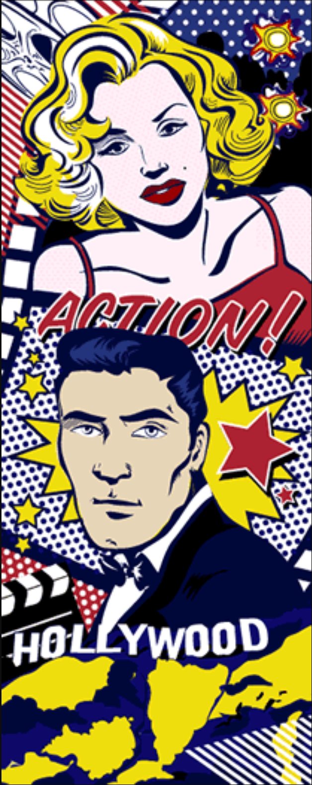 Pop-art illustration of a blonde starlet and a leading man with the word Hollywood