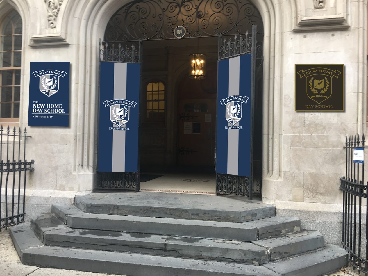 Four pieces on one facade, in two colourways, so the production designer could see the blue and the gold against the stone before choosing.