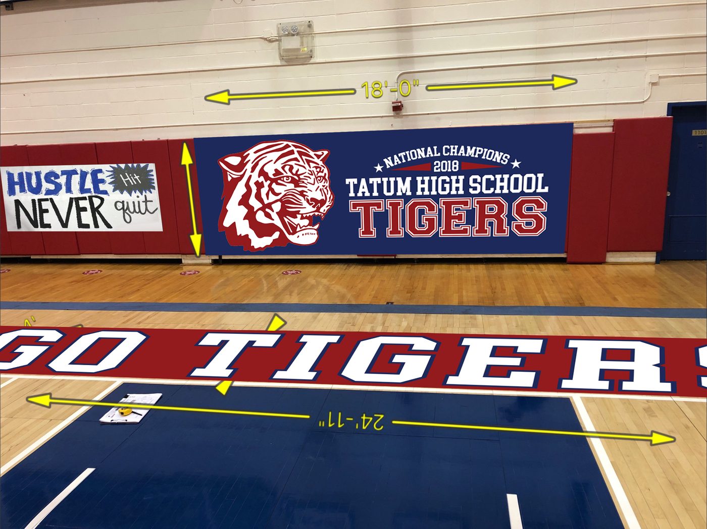 Another school gym set. It is important to know how large graphics will look on set before the production spends any money making them.