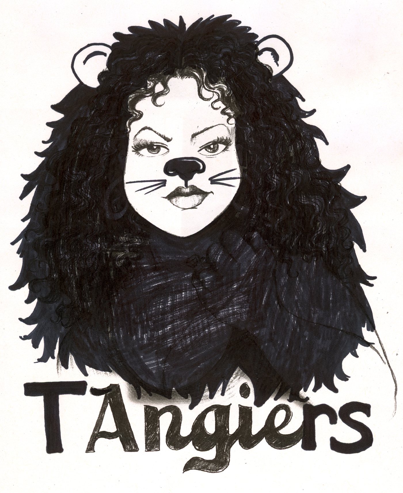 The same subject as a lion, in brush and ink, with hand-drawn lettering.