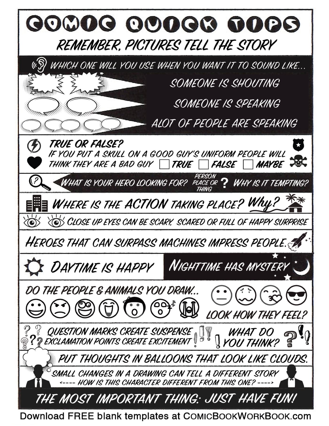 One sheet of everything a beginner needs: which balloon means shouting, why close-up eyes work, question marks for suspense, exclamation points for excitement. And the most important thing, which is to have fun.