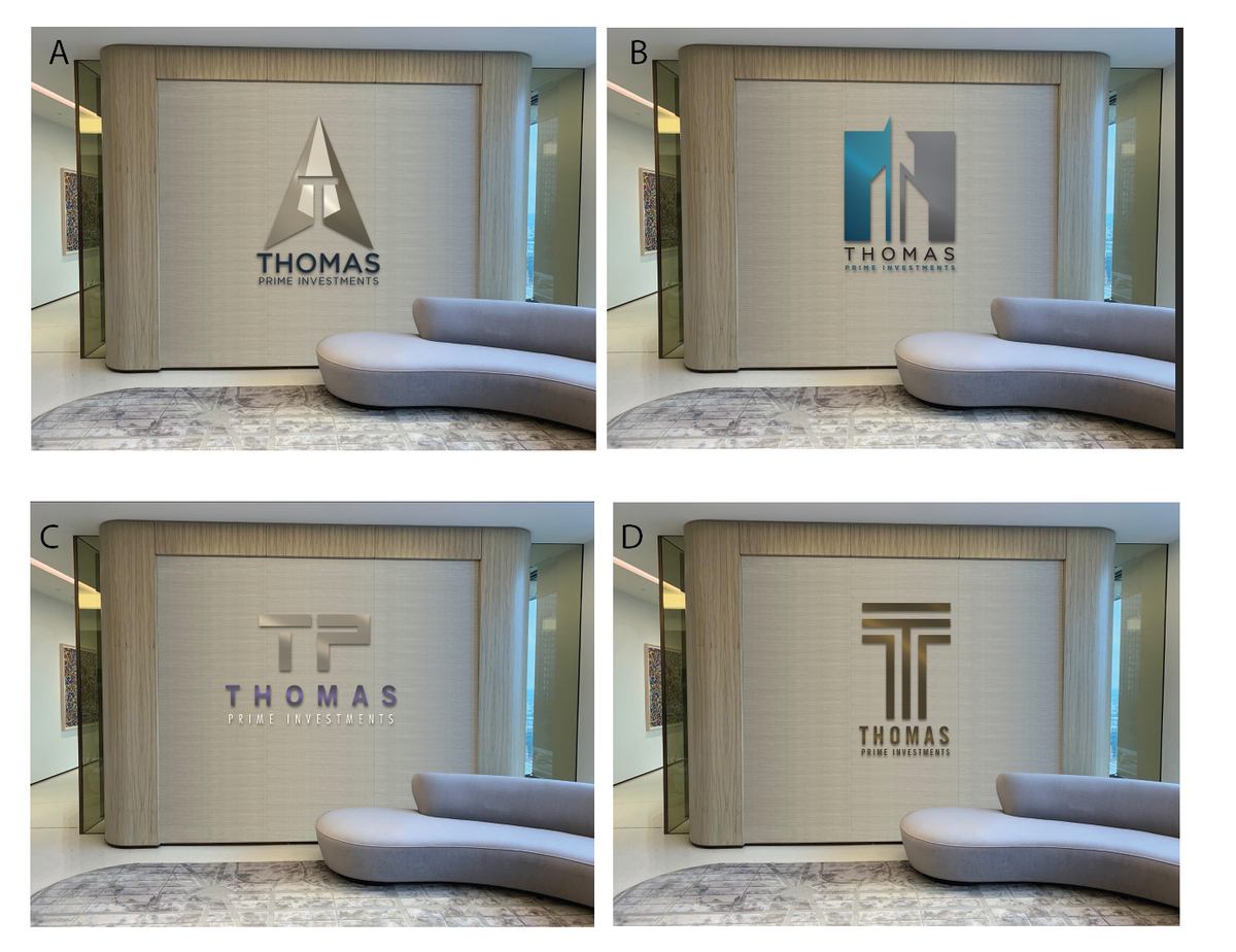 Four directions presented on the same lobby wall, so the production designer could judge how each one changes the room.