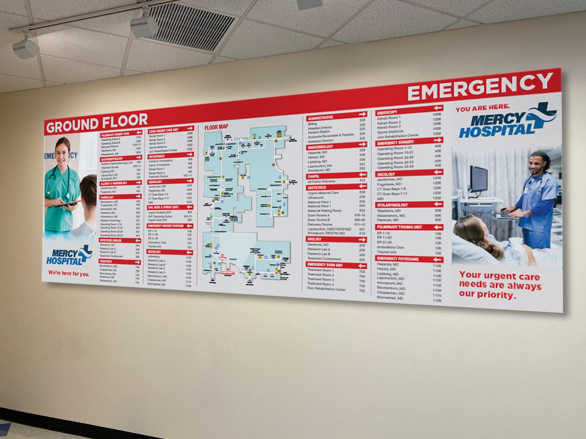 Photoshop mockup of a hospital directory I designed, to figure out where it would hang, and how big it would be, to get approval on the design before ordering.