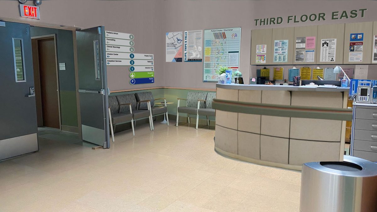Another photoshop composite I created to help the production designer decide what color to paint the room, how to cover the receptionist counter, what flooring to use and how many graphics we needed to make the set feel real.
