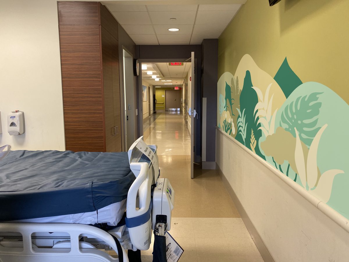The production designer wanted a mural in this maternity ward room, so I created this using stock elements and had it made in adhesive vinyl by DeBoer Media.