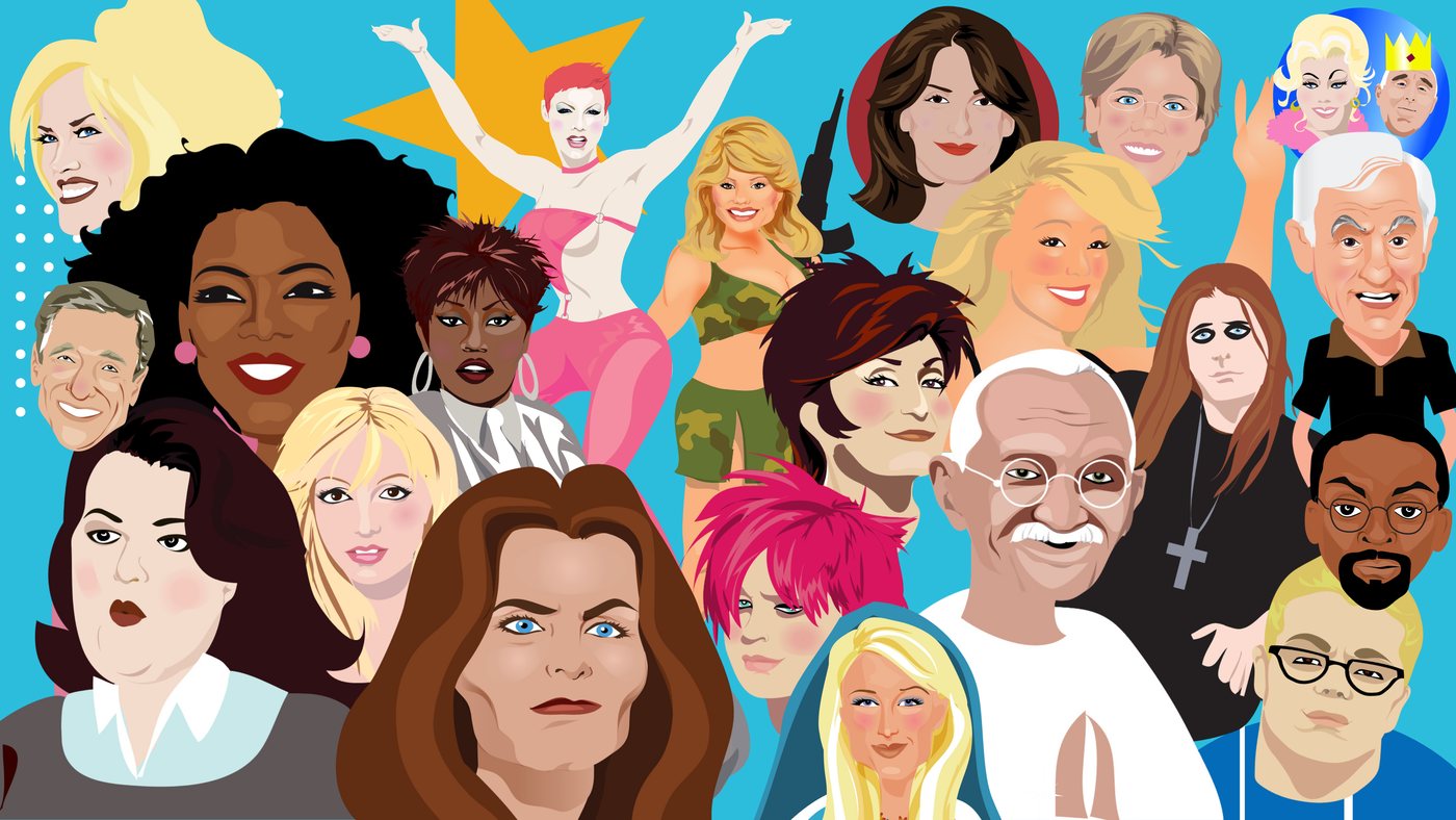 Vector caricature, dozens of them, all of which have to be recognisable before the eye reaches the caption.
