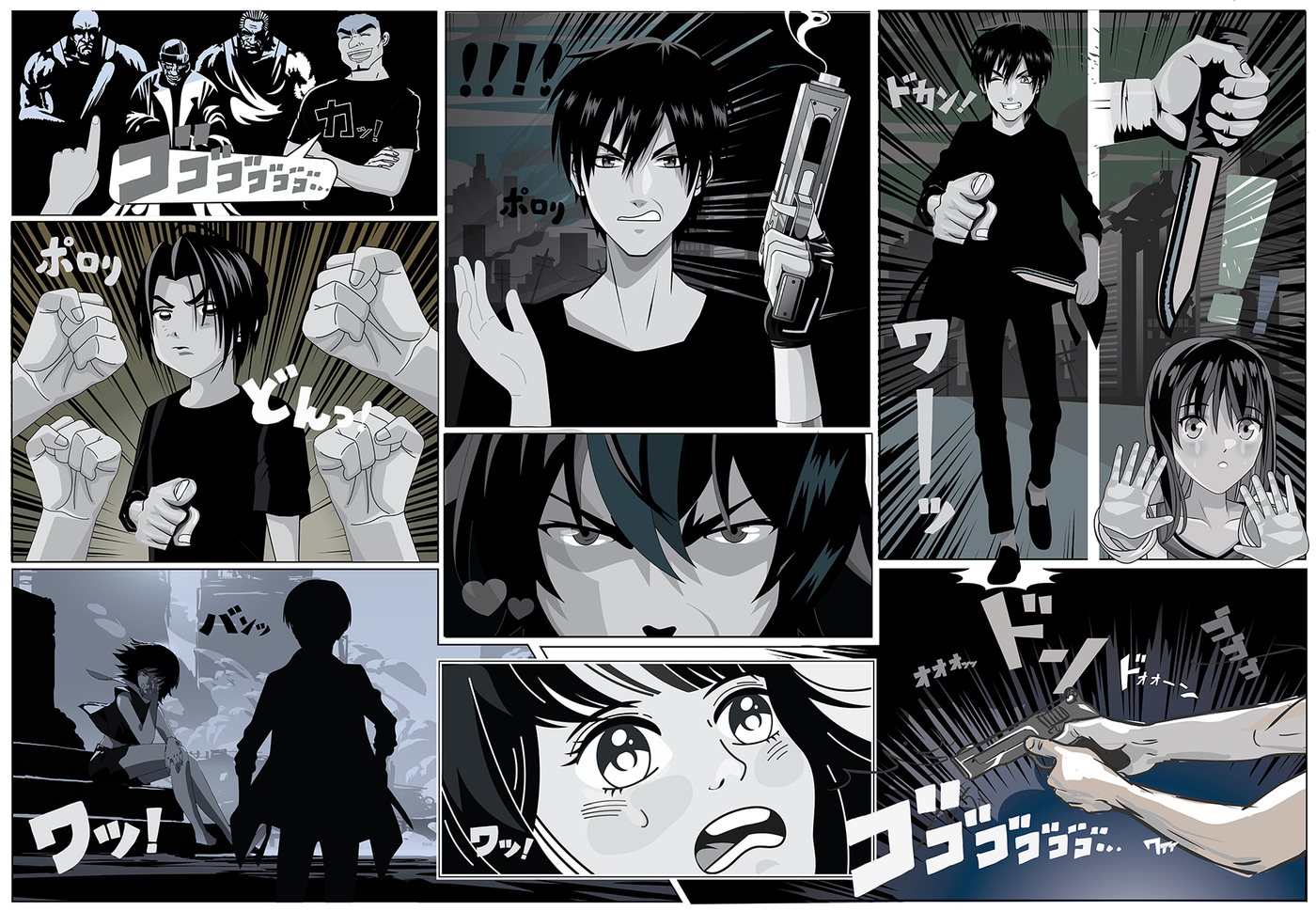 A full page of panels in screentone and hard black, built as a mural at wall scale.