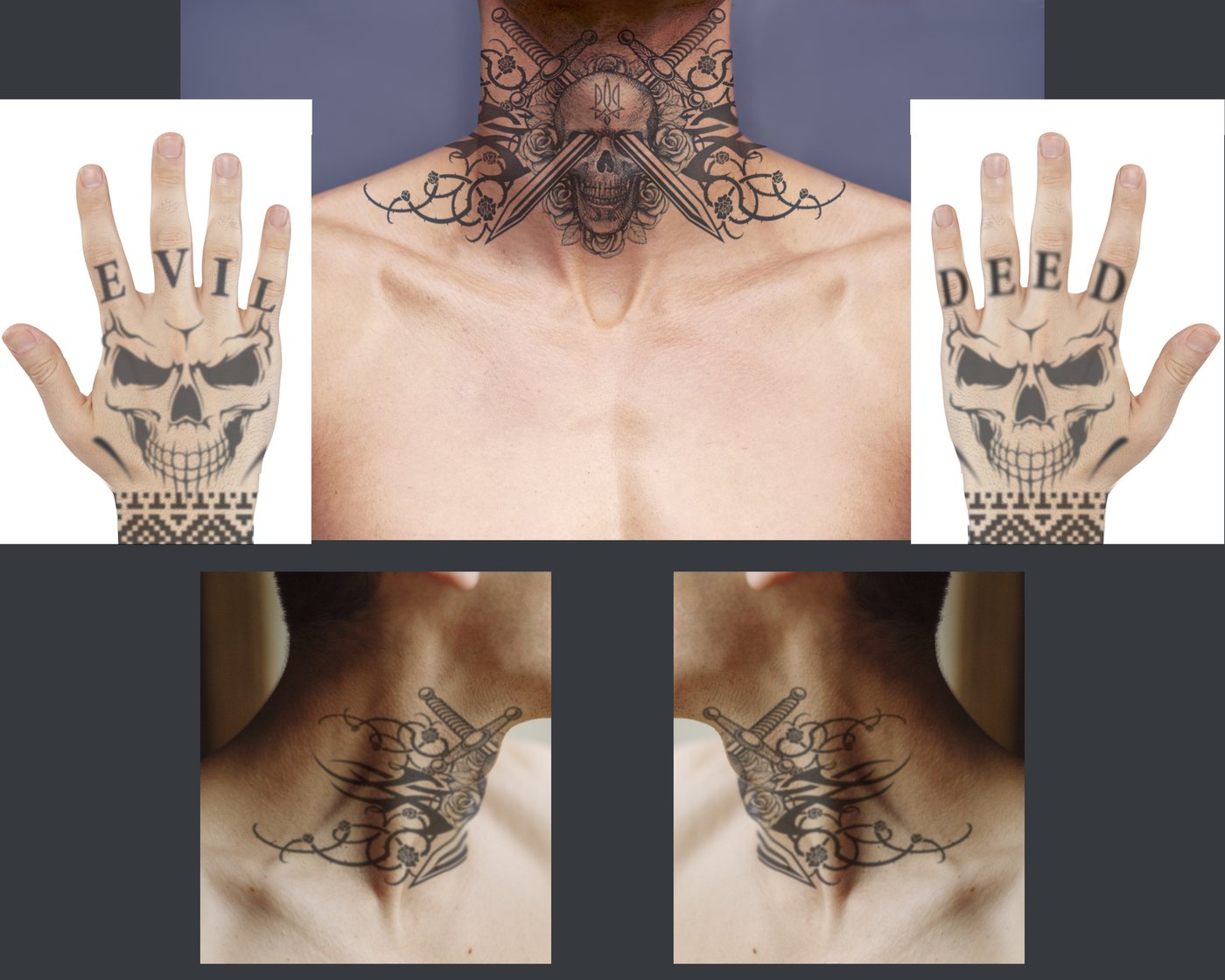 Skull, daggers and a trident, worked up on the same principle — drawn flat, then wrapped onto the neck to check how it sits.