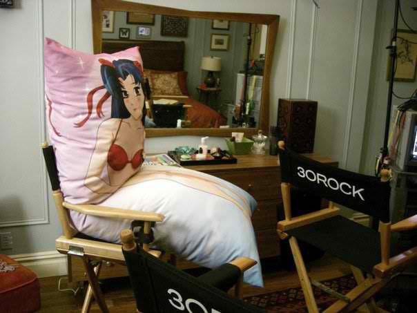 The finished pillow on a director’s chair, which is where prop graphics usually end up between takes.
