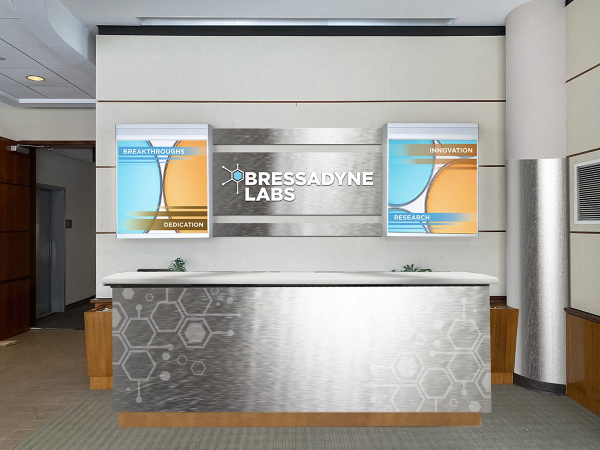 We used a lot of metallic materials and graphics illuminated by lightboxes to make the space feel more high-tech.