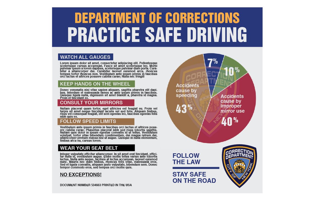 Five rules and a pie chart, with the department shield ghosted behind it.
