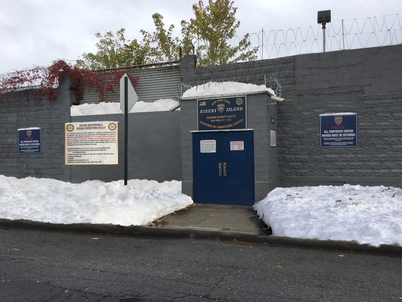 This is a photoshop composite I did of the jail entrance on a snowy day. I had to photoshop the snow since the crew was going to have to use fake snow to dress the set. The look of the snow had to be designed in advance to help them understand how much the director wanted and what they would need to do to make it happen.