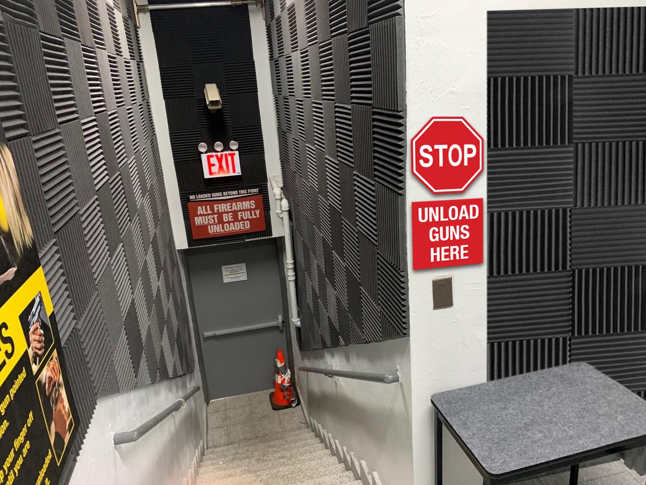 This is a photoshop mockup for the entrance of a gun range. This helped the production designer and director figure out how many graphics to create (and how much sound proofing foam we would need to buy) to turn a hallway in our production offices into a believable gun range entrance.