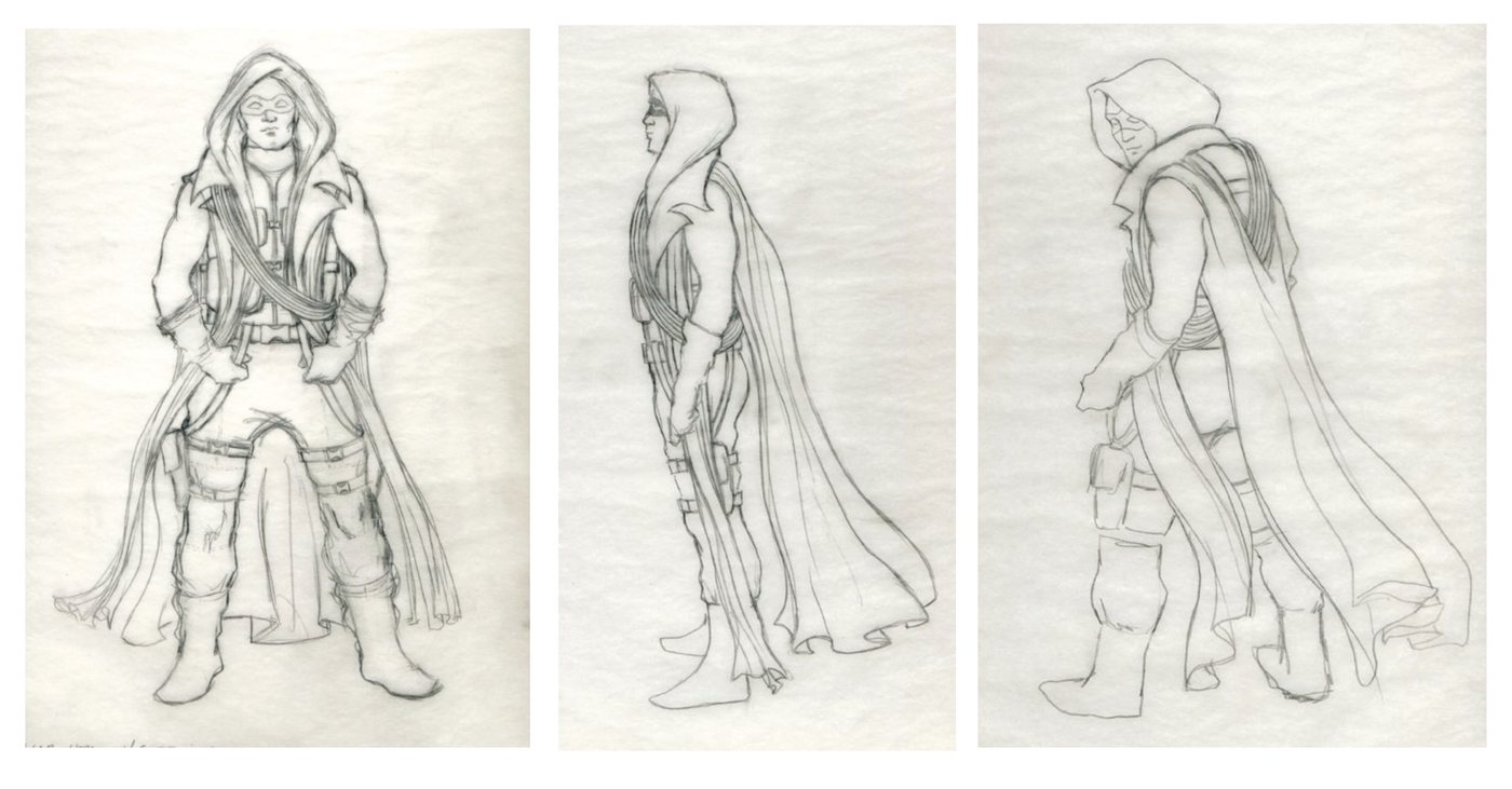 Front, side and rear, drawn on tracing paper for the costume designer.