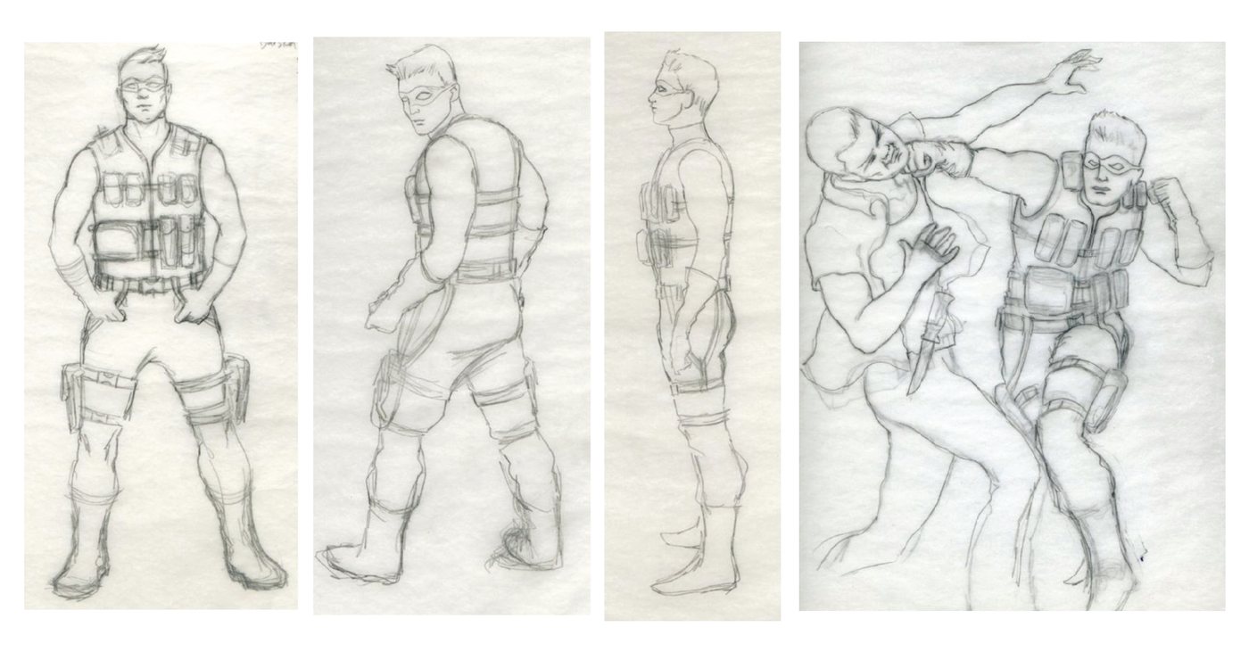 Four views of a second figure, including the two of them in a knife fight, so the costume reads while it is moving.
