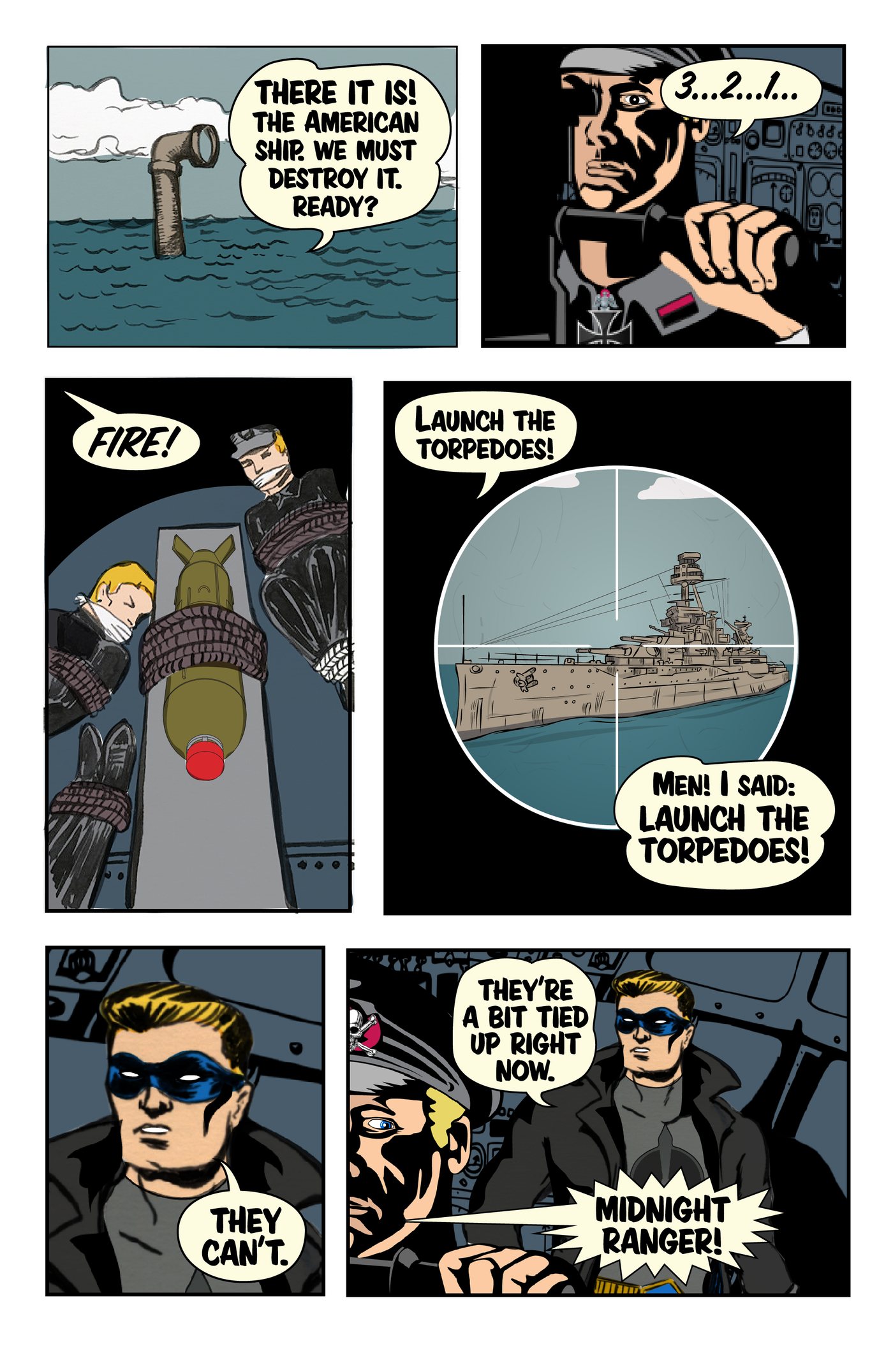 The torpedo sequence. Silhouette and framing carry it, because there is no colour to lean on.