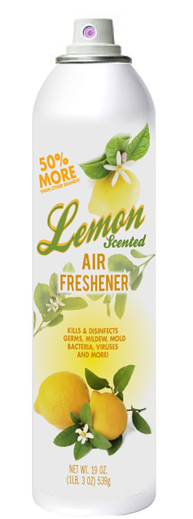 Fifty per cent more than other brands. An aerosol can wrap with a photographic lemon.