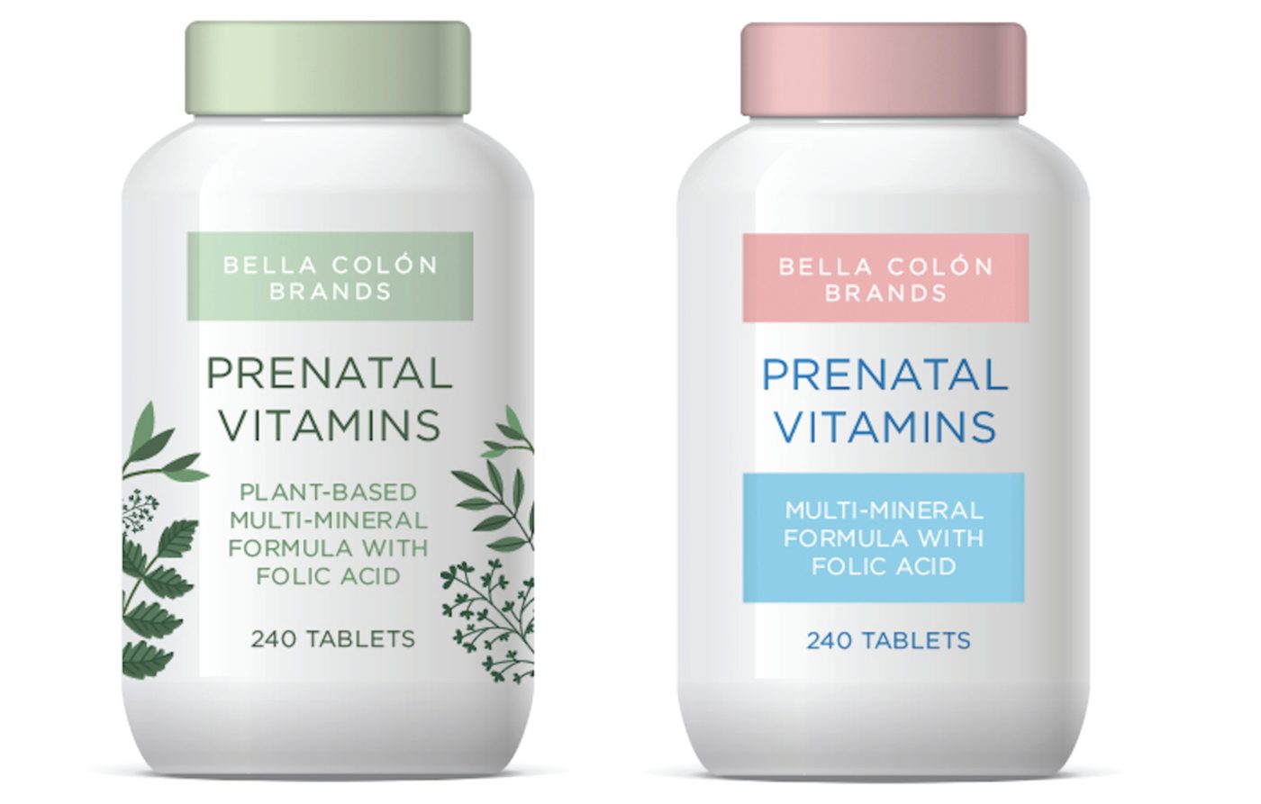 Two formulas differentiated by nothing but a cap colour and a subhead &mdash; which is how a real pharmacy shelf works.