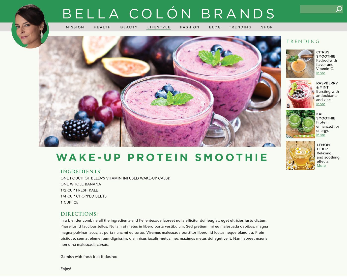 A protein smoothie laid out like a magazine page, because that is what the audience already reads.