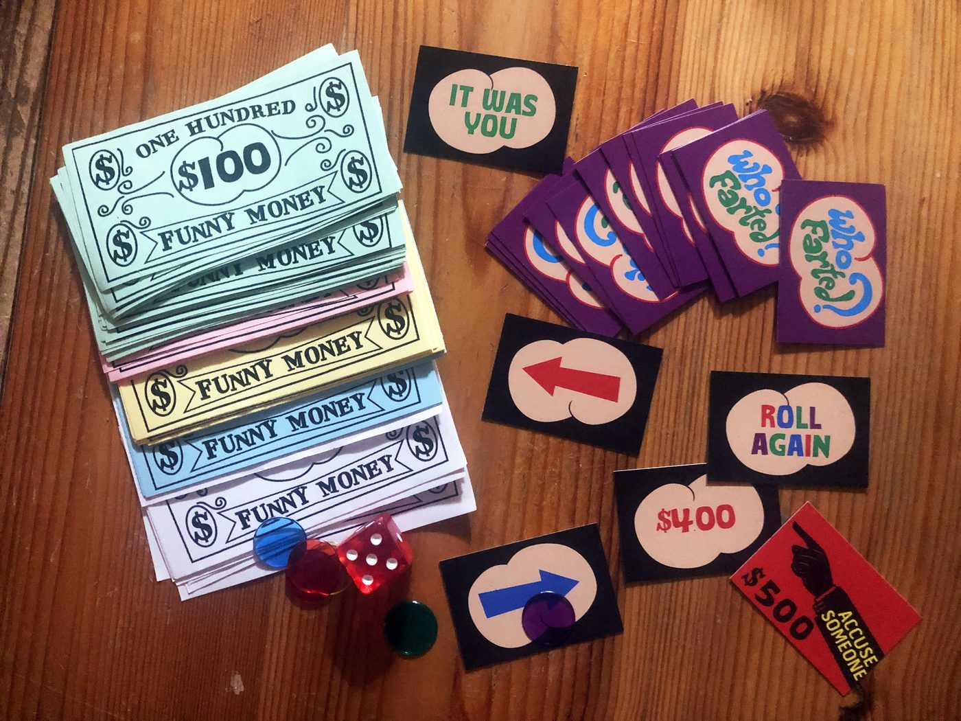 Funny money, cards and tokens, which is where the design has to survive being handled.