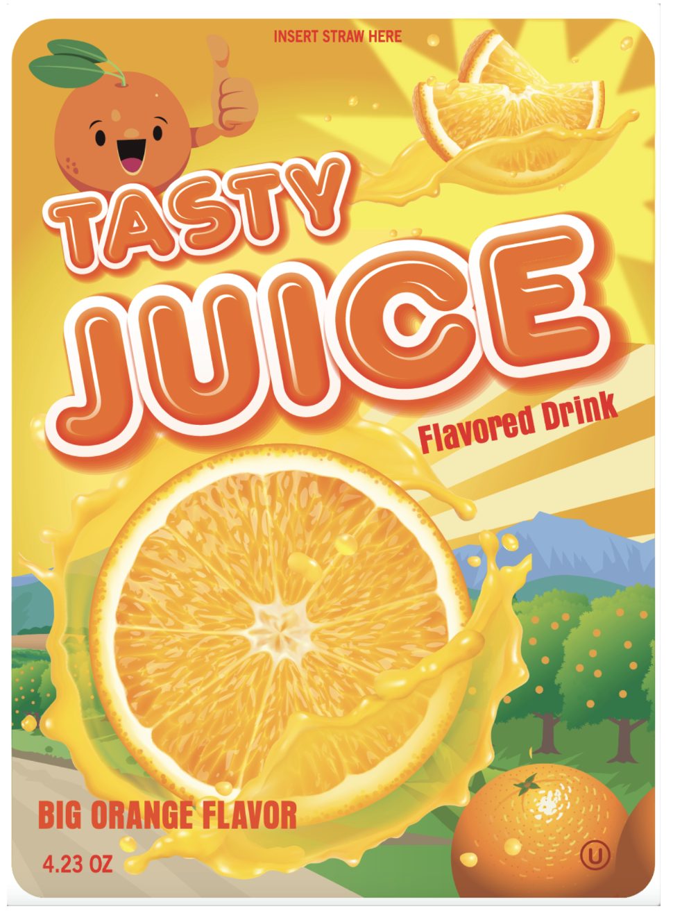 Insert straw here. A children&rsquo;s pouch with a smiling orange and a landscape behind it.