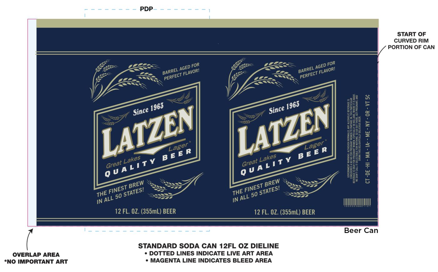 The label as a production file &mdash; die-line, bleed, overlap area and no-art zone all marked.