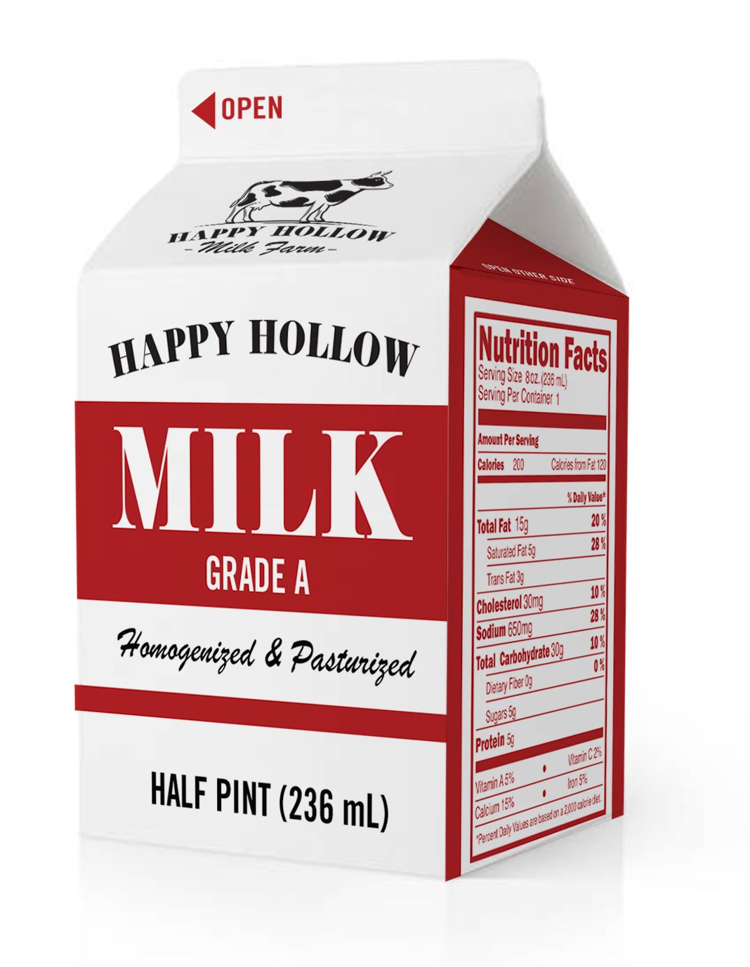 Half-pint, Grade A, with a nutrition panel that has to be right even though nobody reads it.