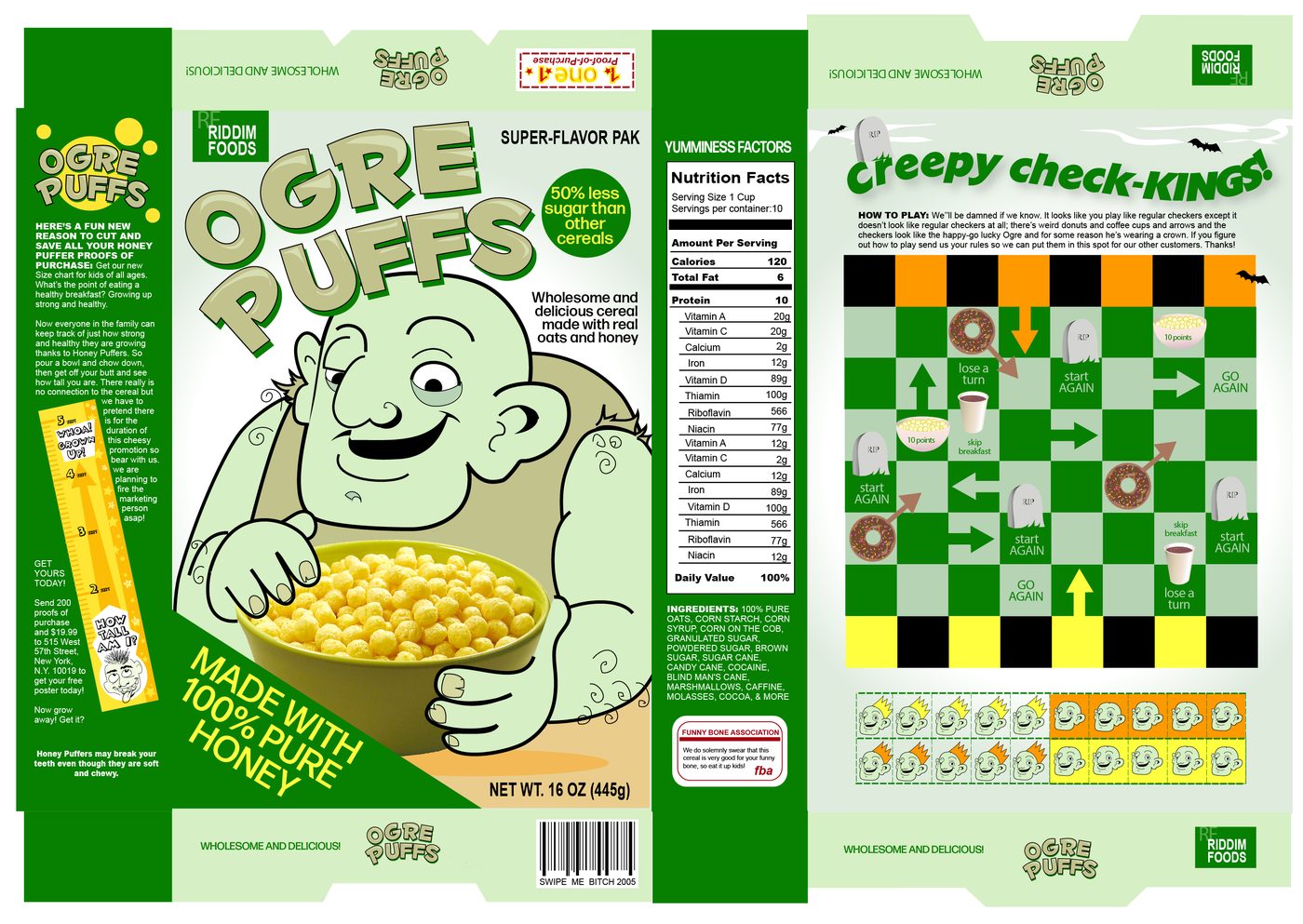 A full cereal die-line, front to back, with a maze on one panel and a nutrition table on another.