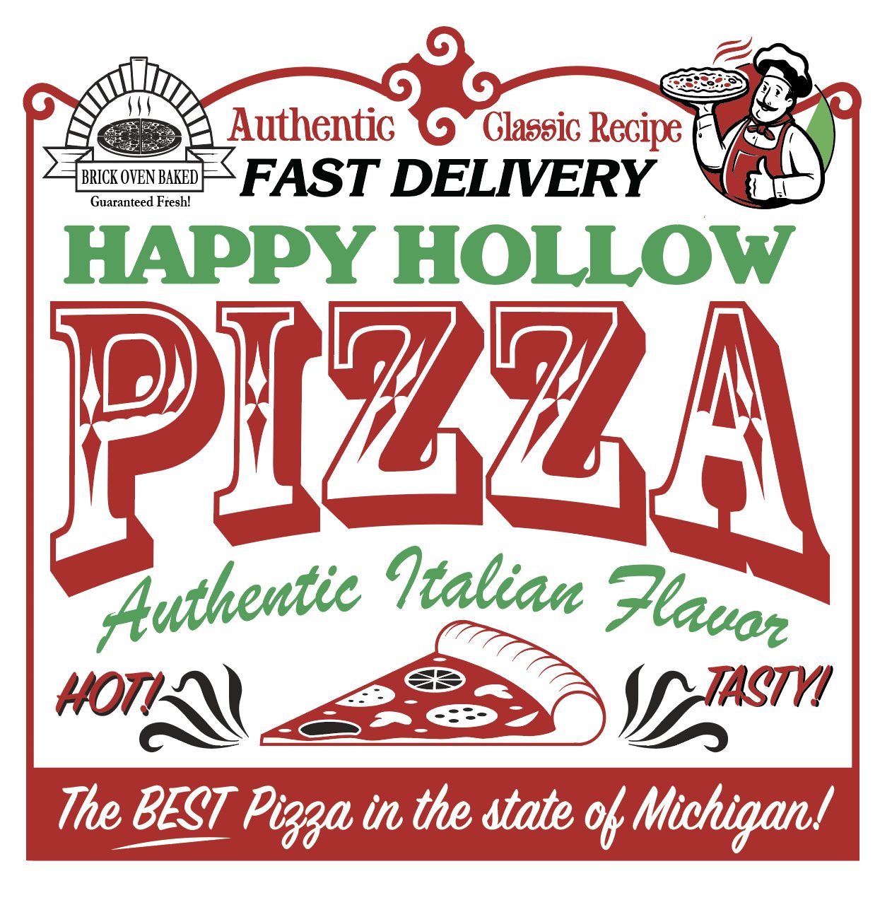A second design, more type-led, with a chef and a banner instead of a pie.