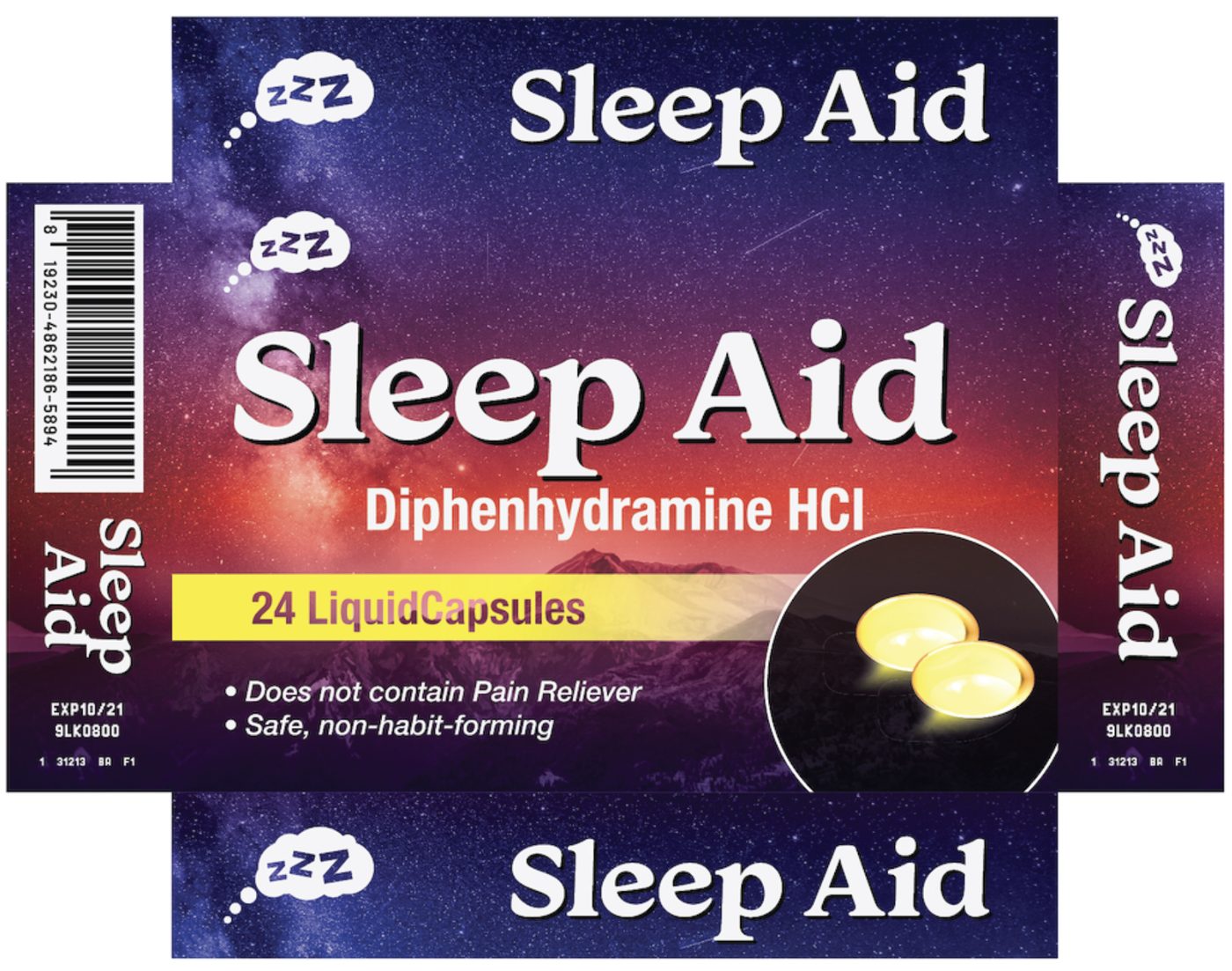 Diphenhydramine, twenty-four LiquidCapsules, in the blue that category never leaves.
