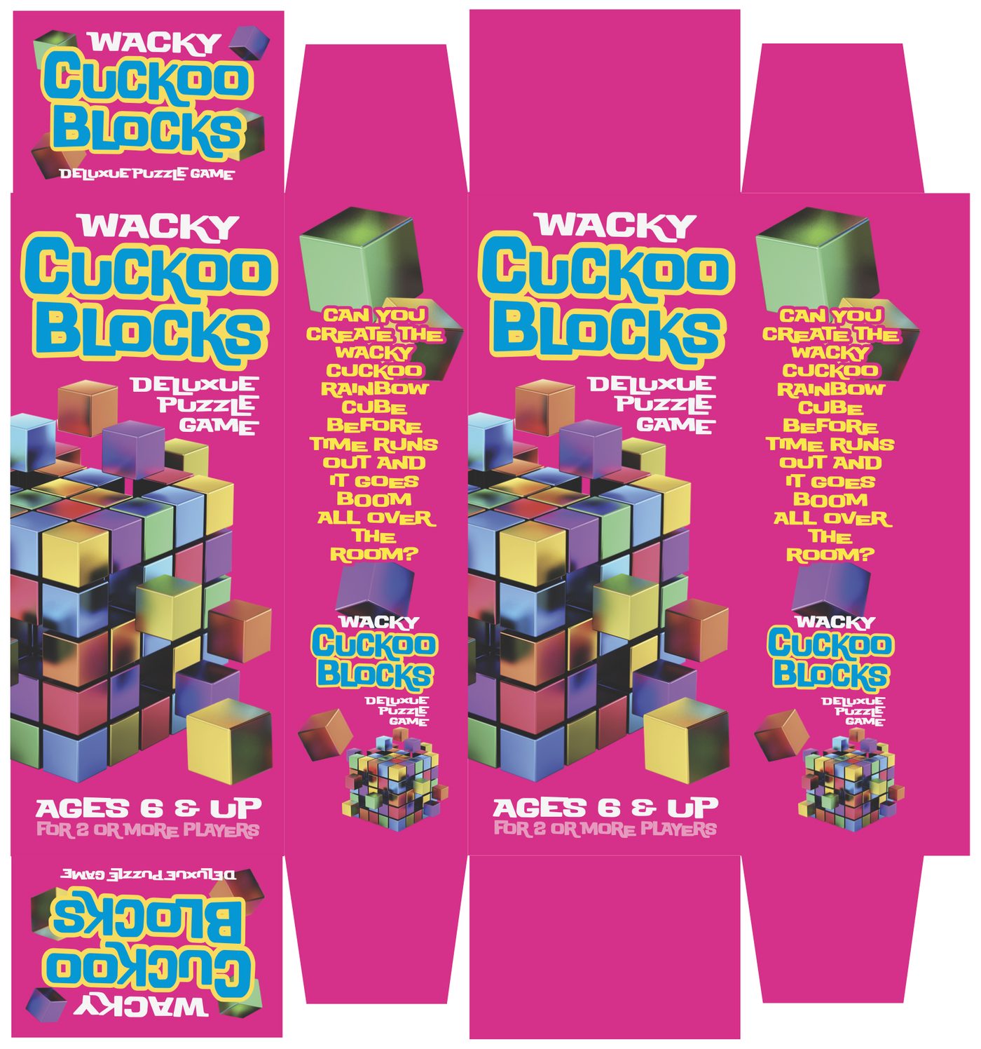 A deluxe puzzle game die-line in shocking pink, ages 6 and up.