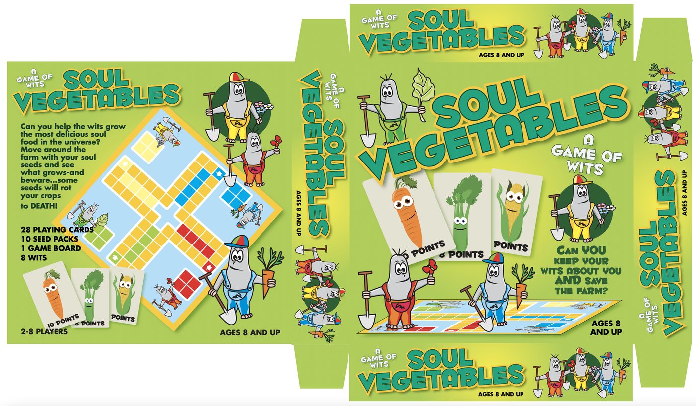 A game of wits with a cast of vegetables, printed across every panel of the box.
