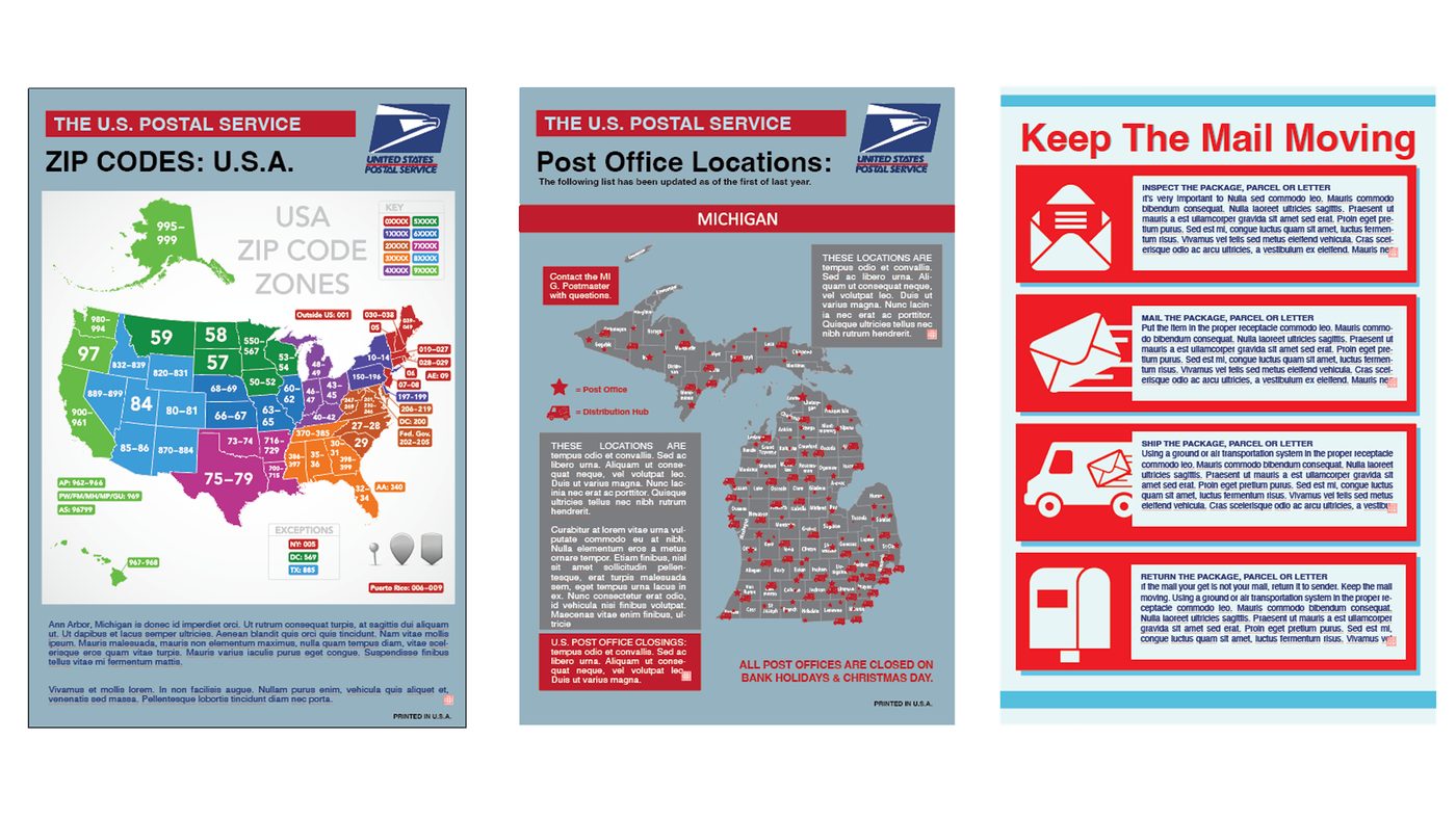 National ZIP zones, Michigan post office locations, and the four steps a parcel goes through.