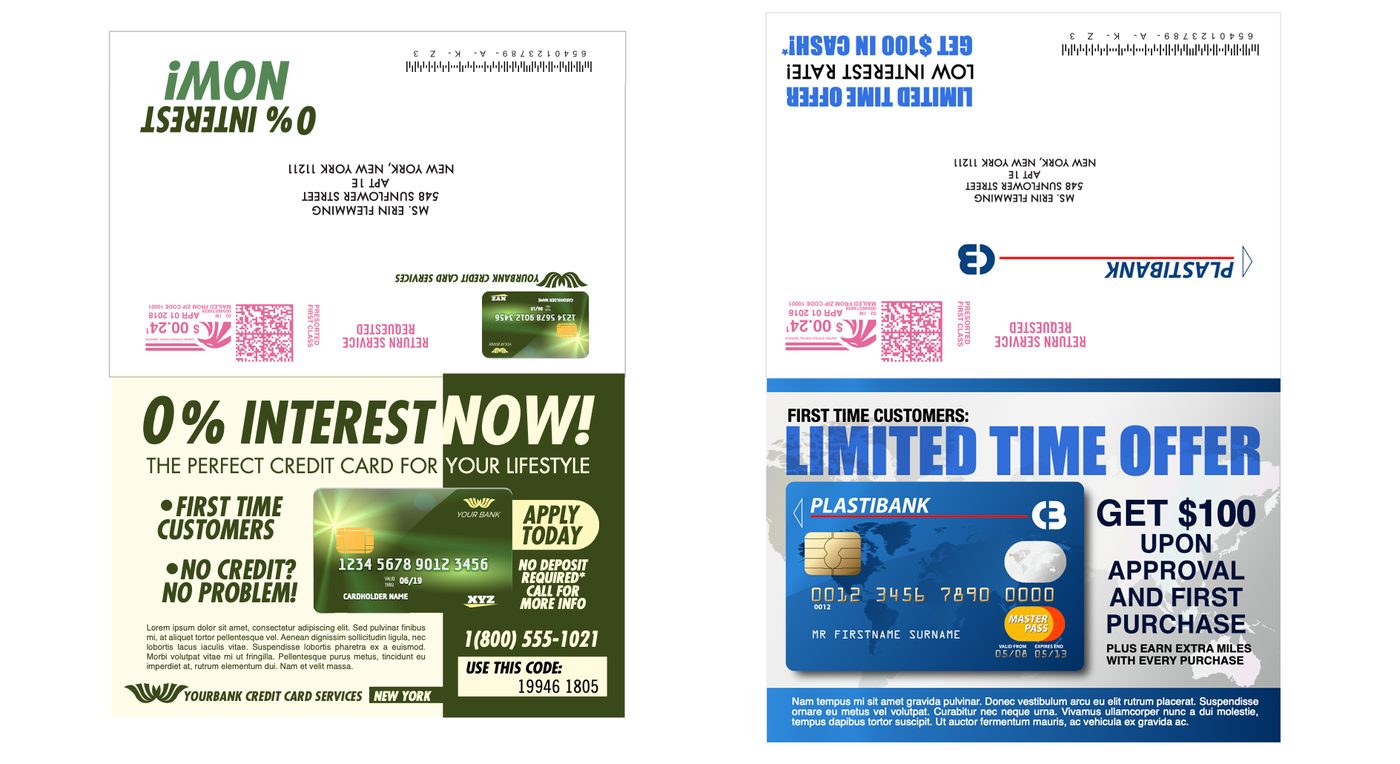 Two prop mailers, front and reverse on one artboard, addressed and franked so they can be held up and read in shot.