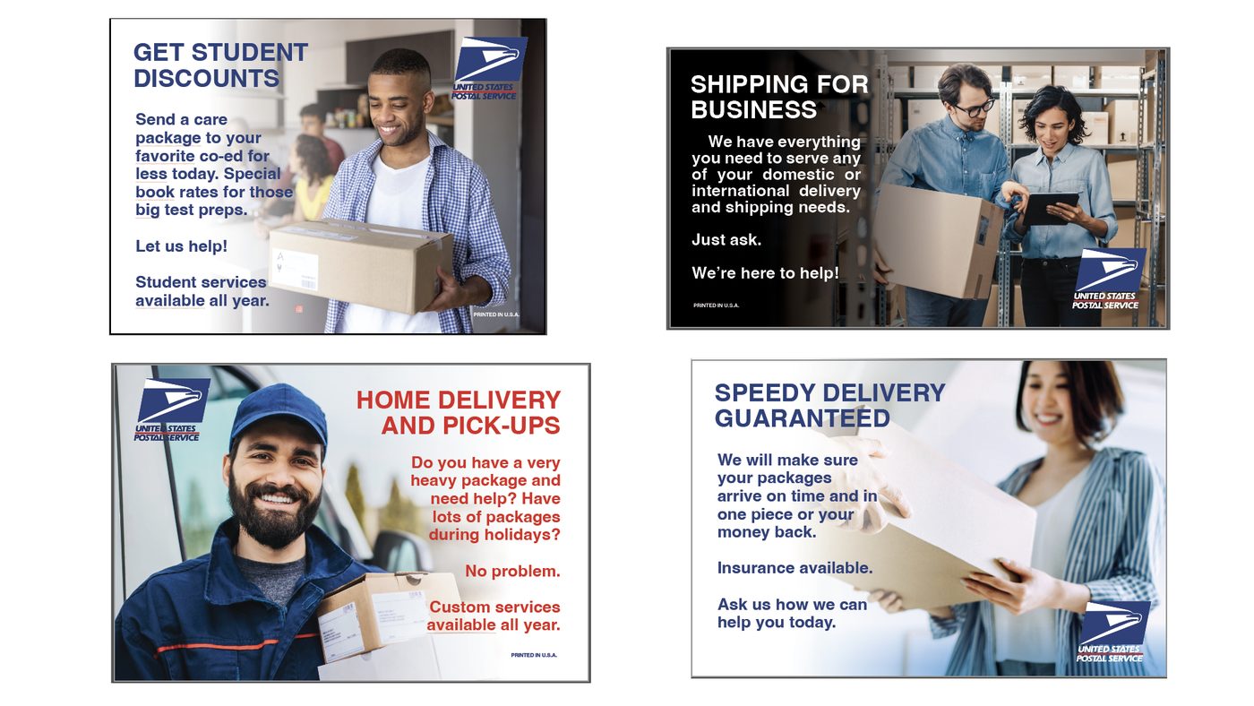 Some signs for the part of the post office that the public has access to.