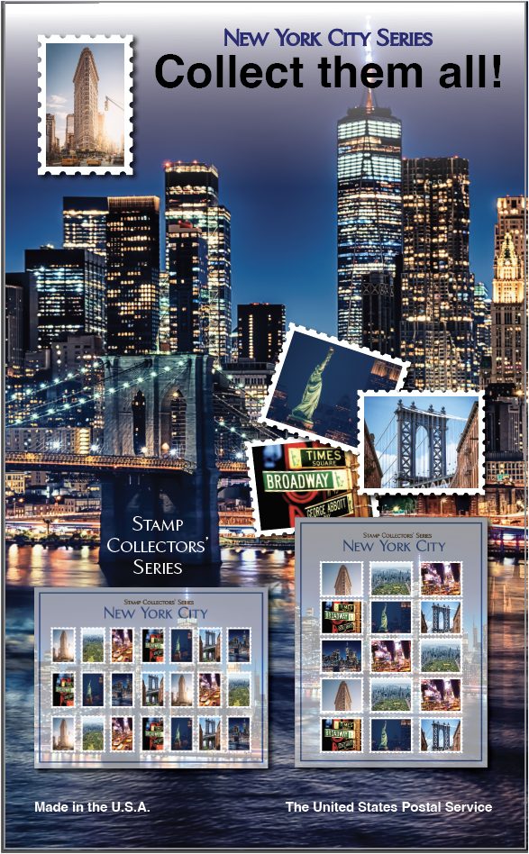 A poster advertising the stamps available at the post office.