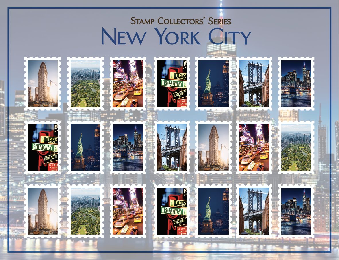 Another part of the movie takes place in a post office in NYC so I celebrated the skyscrapers and other landmarks in these stamp graphics.
