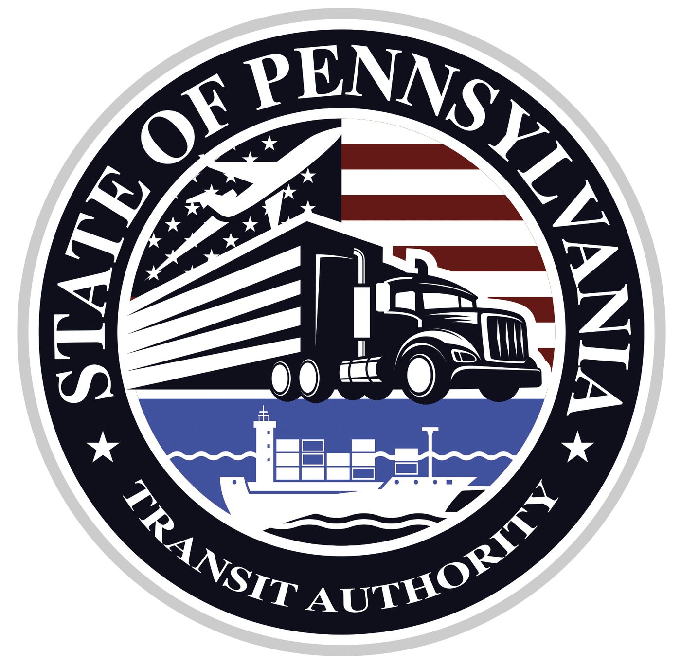 A freight seal in the federal manner — lorry, aircraft and container ship inside one ring.