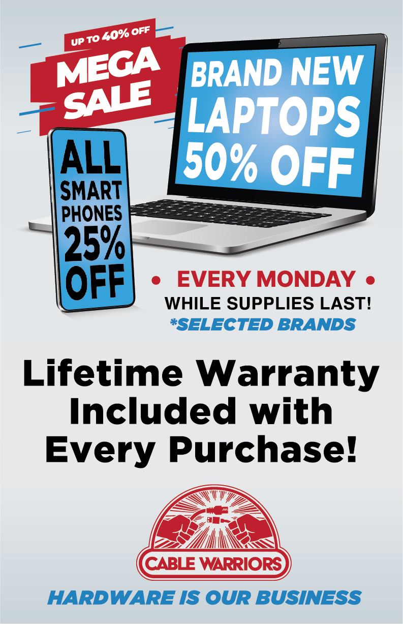 Laminated signs at 11 by 17, the size a real electronics store would use.