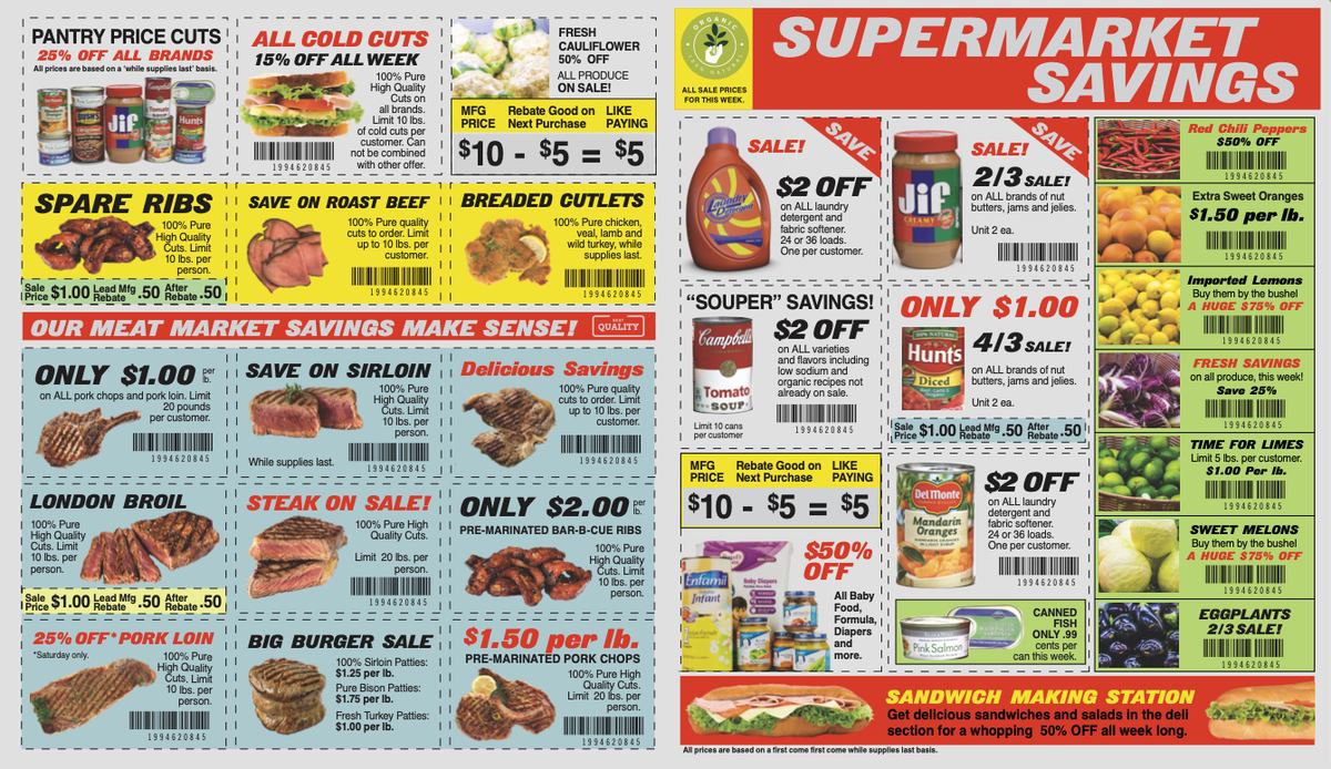A supermarket circular designed for a props department.