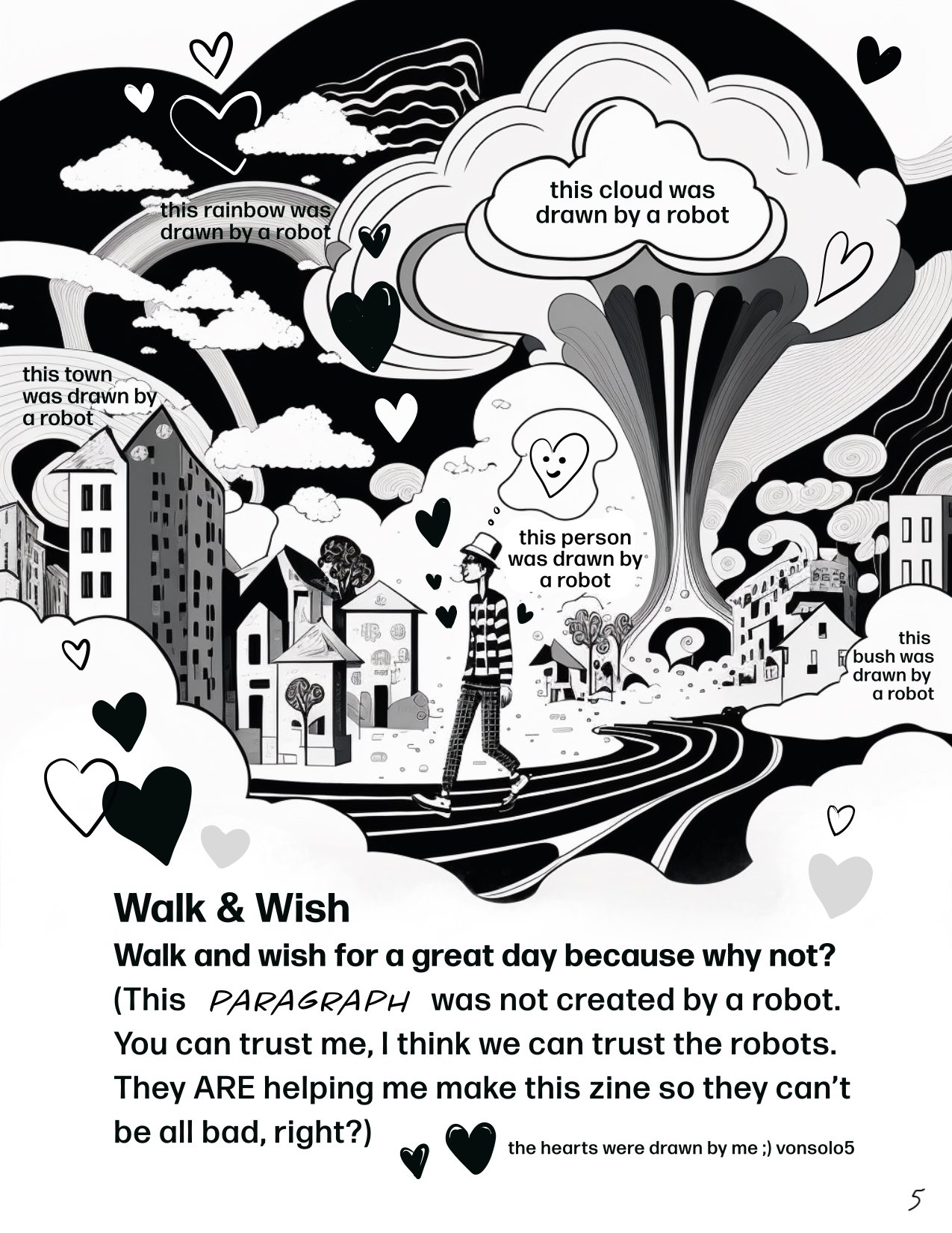 A town, a cloud and a rainbow, all annotated with who drew what.