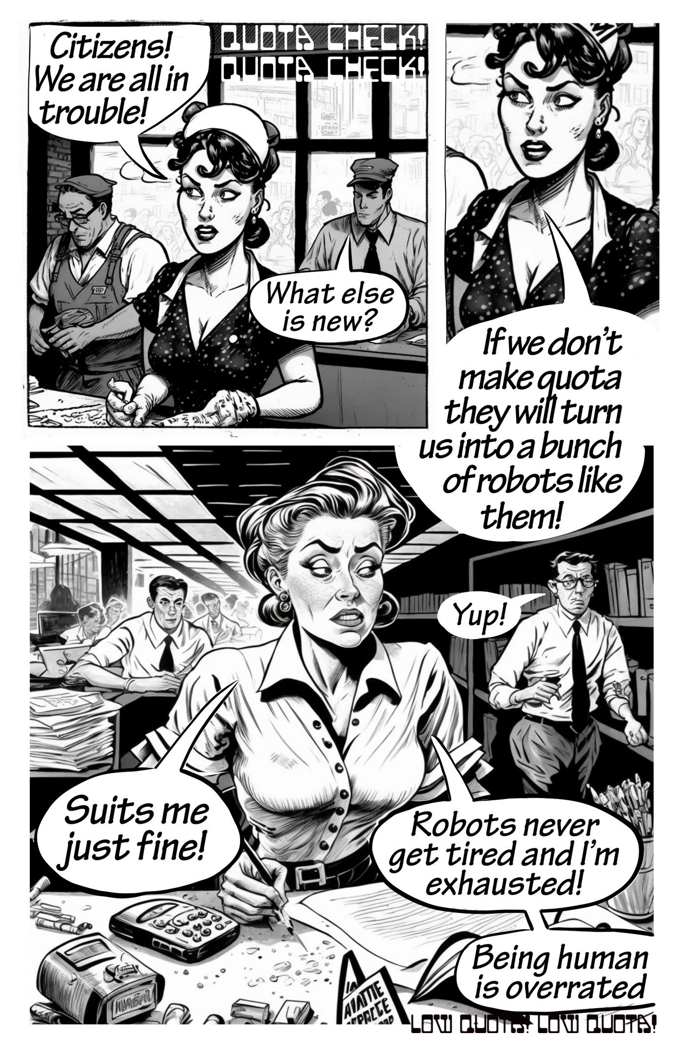 A comic strip about being turned into a robot to hit numbers.
