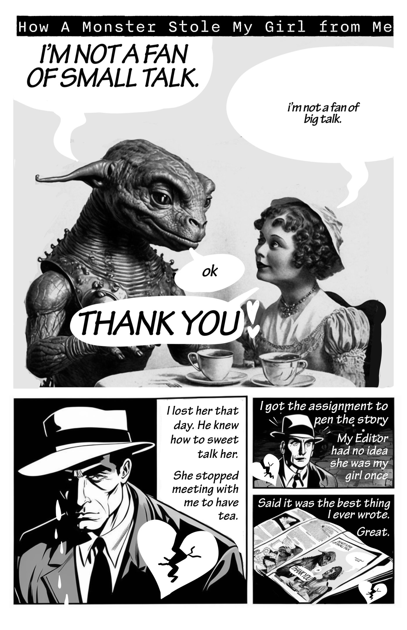 Noir, in four panels, with a monster who is not a fan of small talk.
